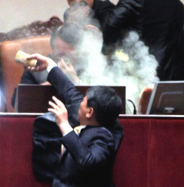 韩国民主议员向主席台扔催泪弹（图）